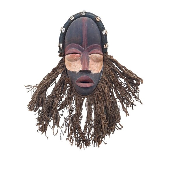 Dan African Tribal Mask With Raffia Hair & Cowrie Shells Decor - Picture 3 of 16
